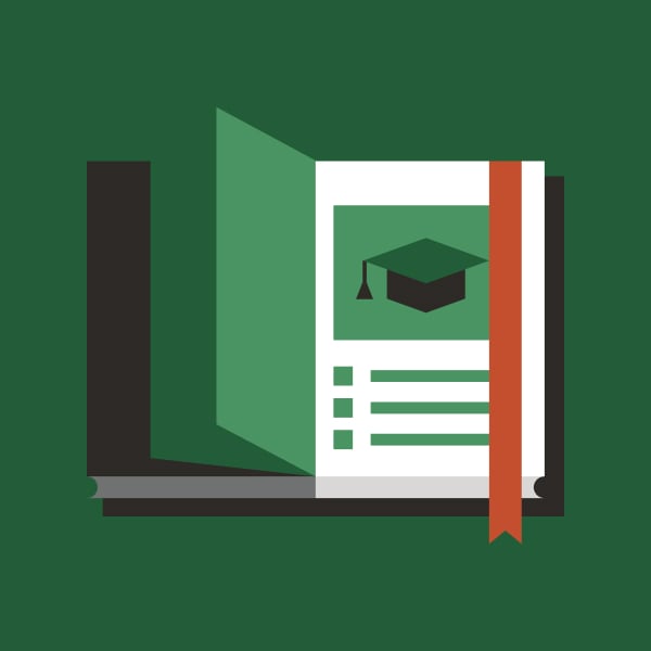 An illustration of an open book on a green background. On the opened page is an illustration of a graduation cap.