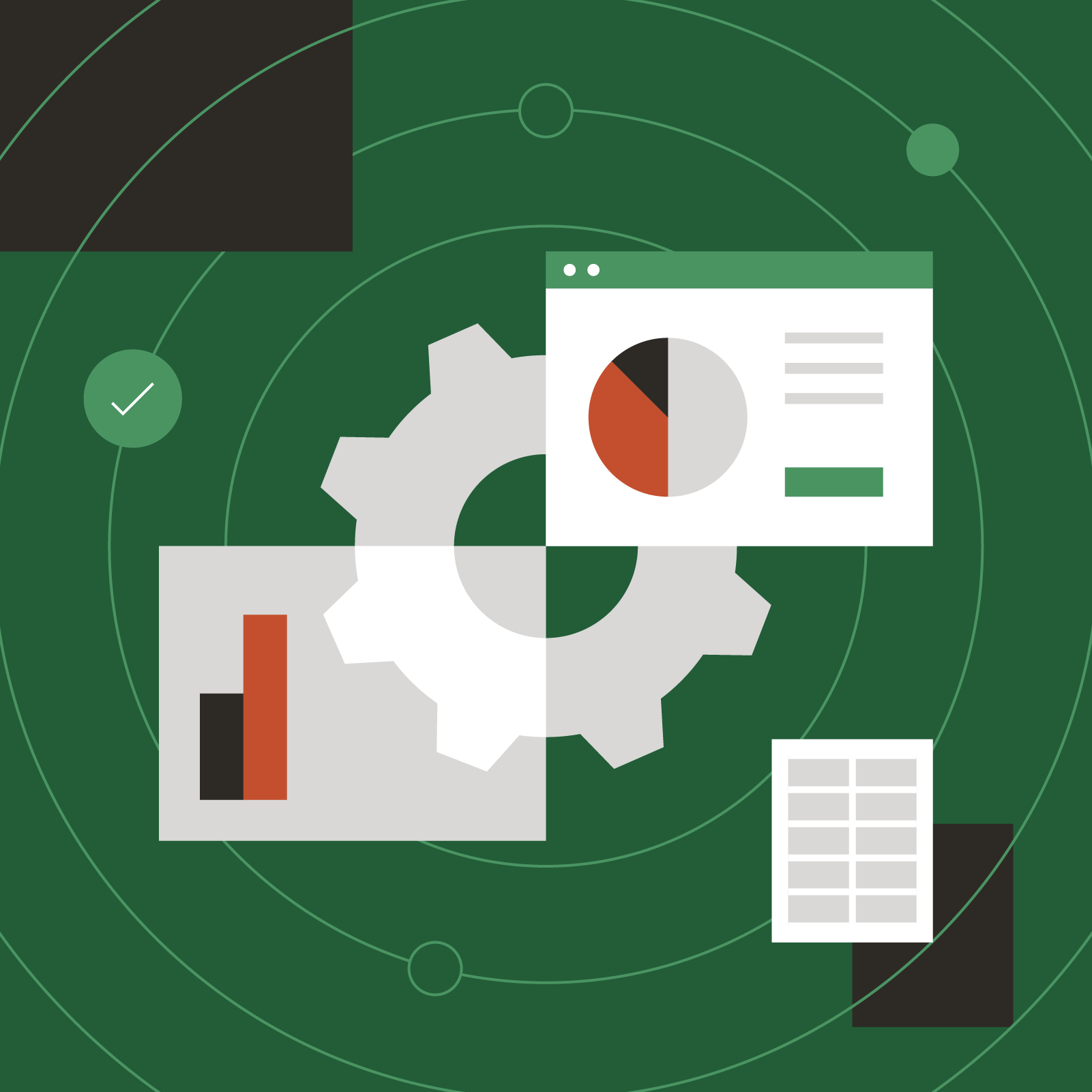 A green background featuring a gear and a pie chart, symbolizing data analysis and mechanical processes.