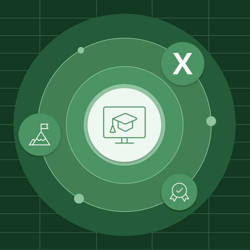 An illustration of a series of circles with an icon of a graduation cap on a computer monitor in the center, surrounded by three icons: the Excel logo, a prize ribbon and a mountain with a flag at the summit