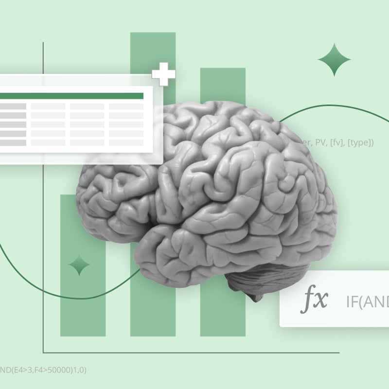 An illustration of a brain surrounded by an Excel grid, Excel functions and various charts